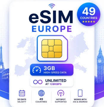 eSIM Europe - 3GB High-Speed, Then Unlimited Data at 128kbps (valid for 30 Days)