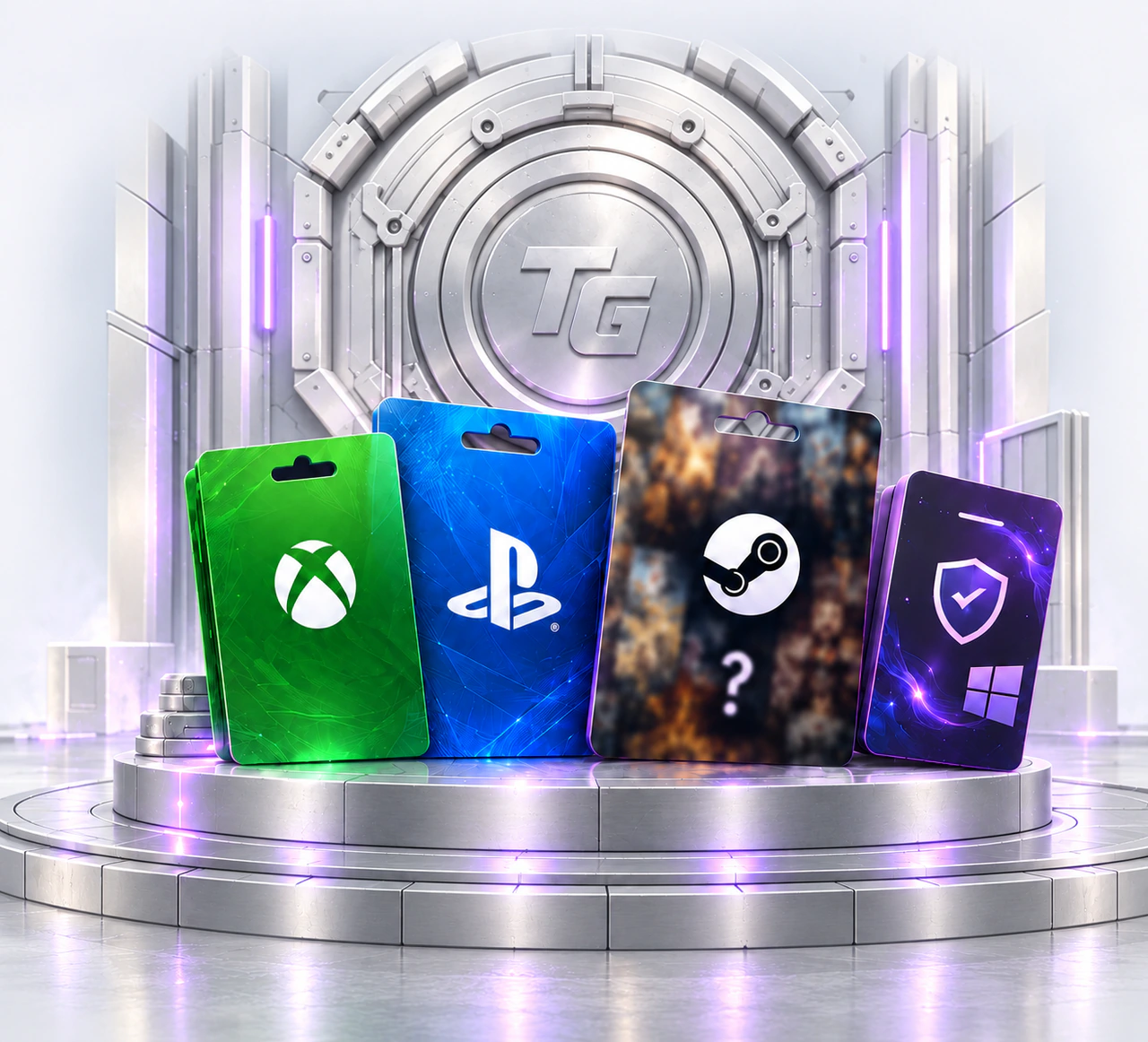 Devant le coffre TG, une carte Xbox, une carte PlayStation, un jeu Steam mystère et un logiciel. Exemples illustratifs, cadeaux à confirmer.